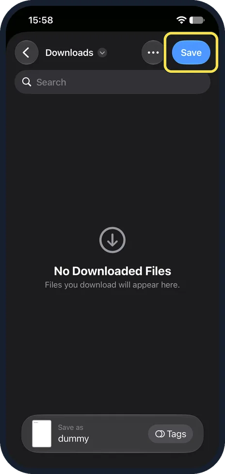 iPhone screen: Pick a folder and tap Save