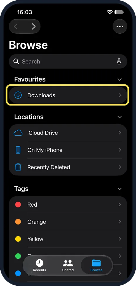 iPhone screen: Open Downloads in Files