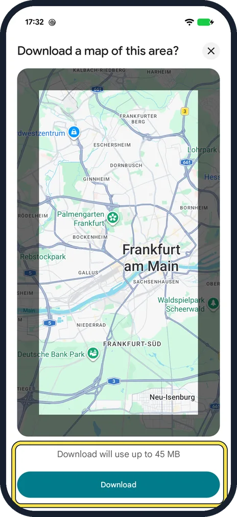 Android screenshot: Frame the area and tap Download