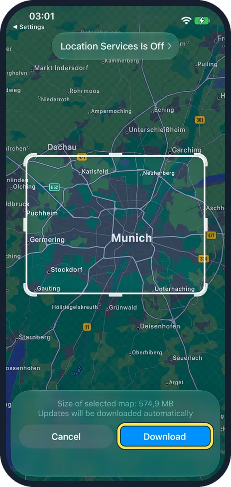 iPhone screen: Adjust the area and tap Download