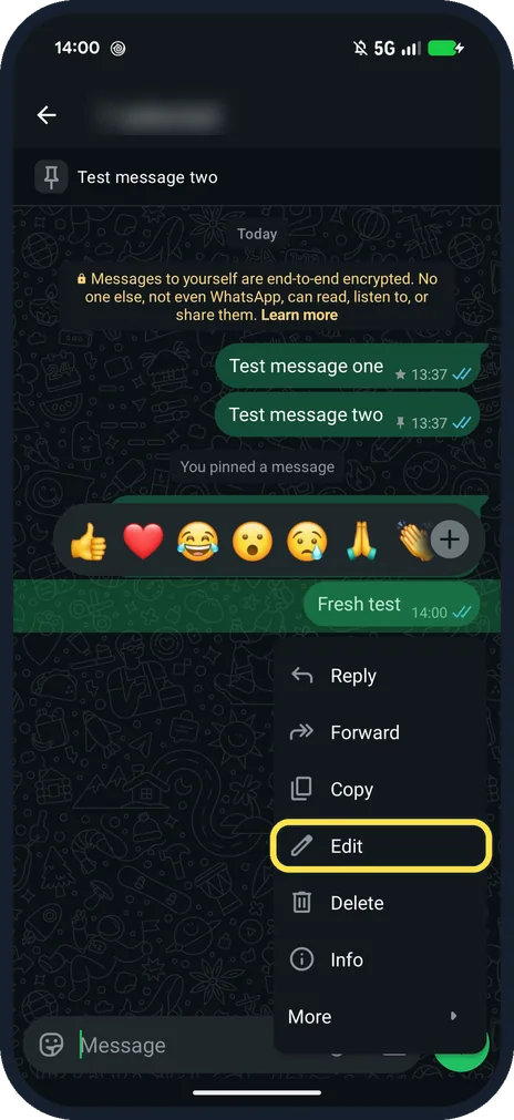 Screenshot from the guide: How to edit or delete a WhatsApp message (Pixel 10a, v2.26)