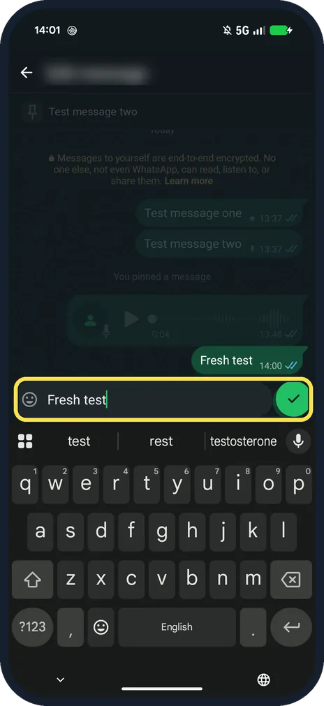 Android screenshot: Change the text and tap the tick
