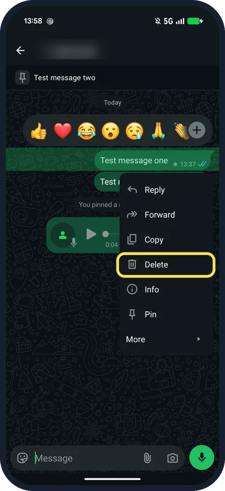 Android screenshot: To delete, touch and hold the message and tap Delete