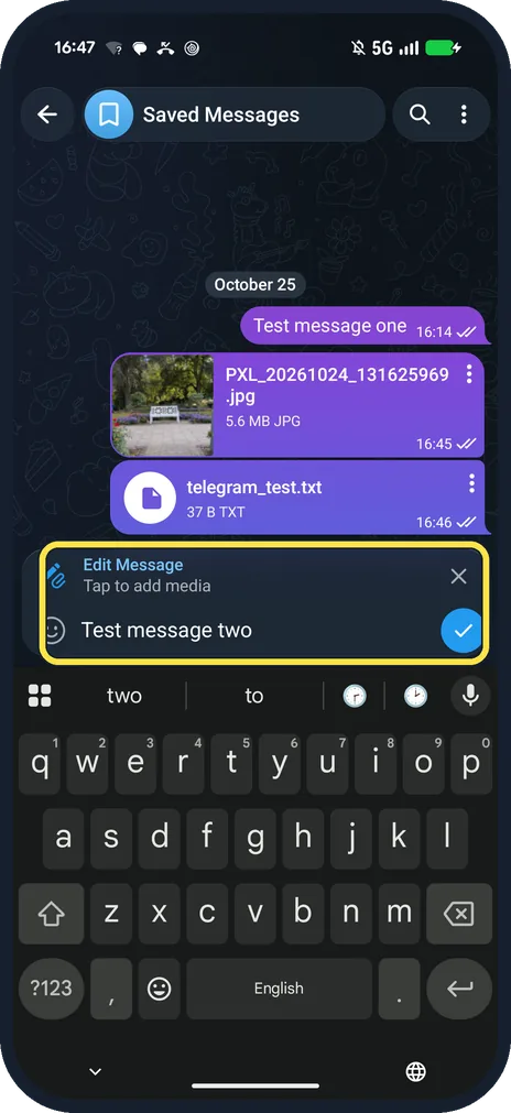 Android screenshot: Change the text, then tap the tick