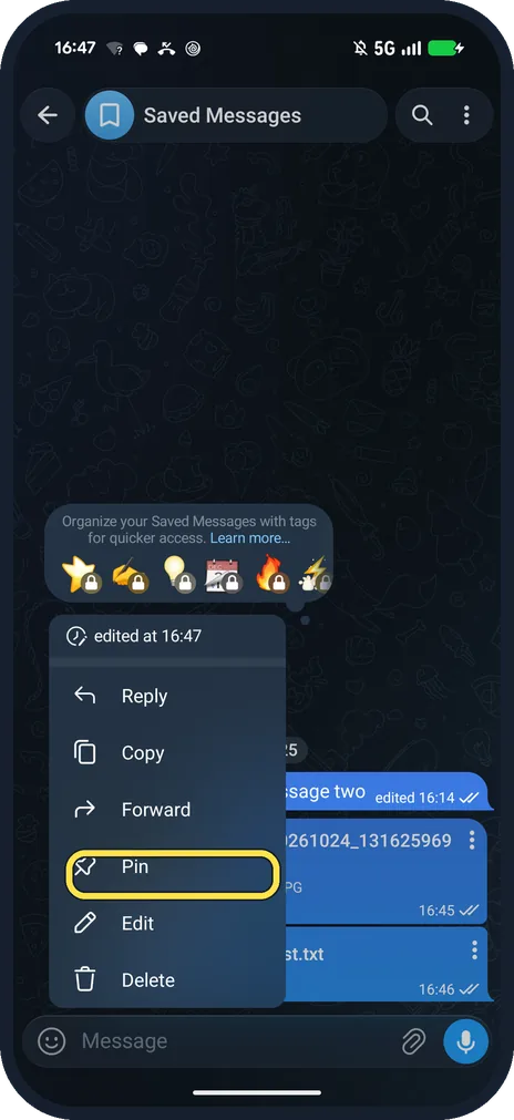 Android screenshot: Tap a message, then Pin