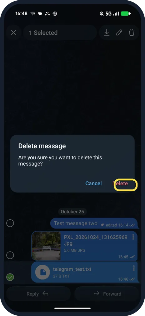Android screenshot: To delete, select it and confirm Delete
