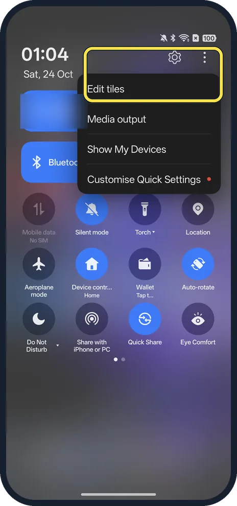 Android screenshot: Tap the three dots, then Edit tiles