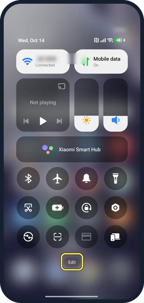 Android screenshot: Open Control Centre and tap Edit