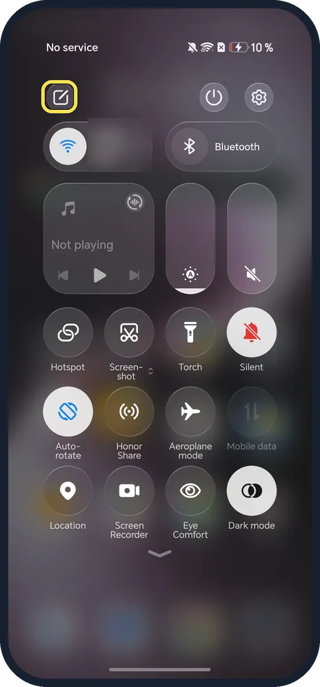 Android screenshot: Open Control Centre and tap the edit icon