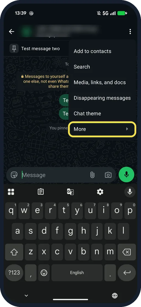 Screenshot from the guide: How to export a WhatsApp chat on Android (Pixel 10a, v2.26)