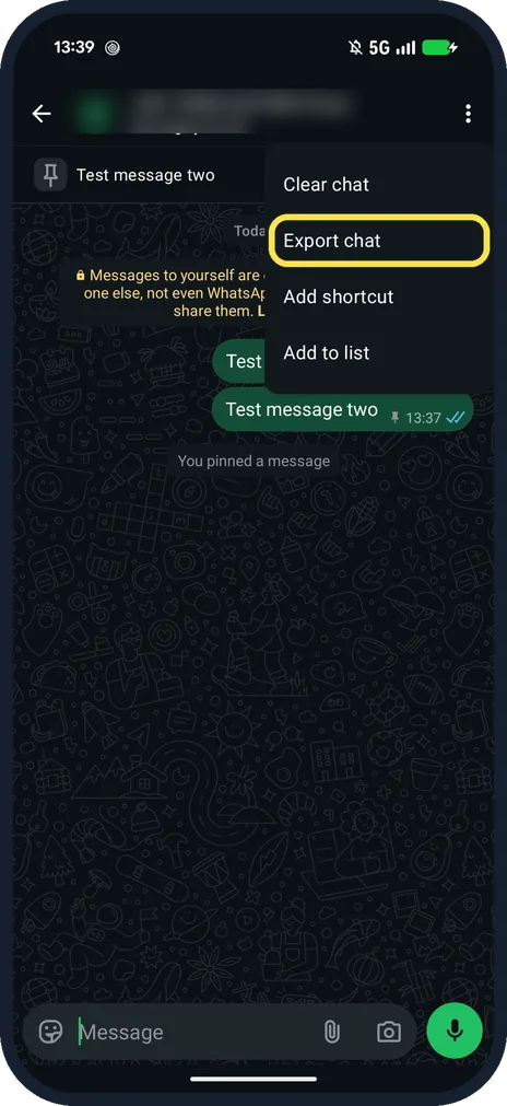 Android screenshot: Tap Export chat