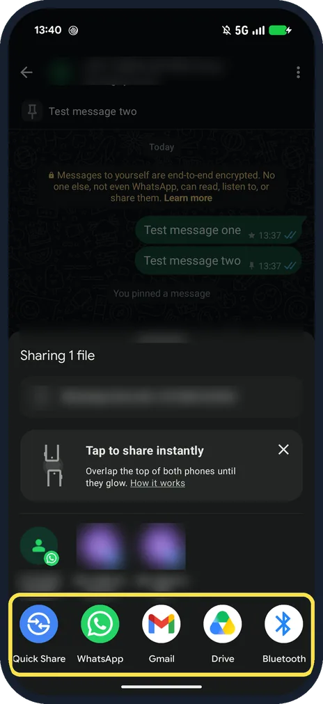 Android screenshot: Choose where to send the file