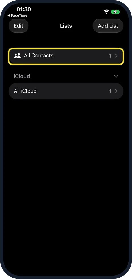 iPhone screen: Touch and hold All Contacts