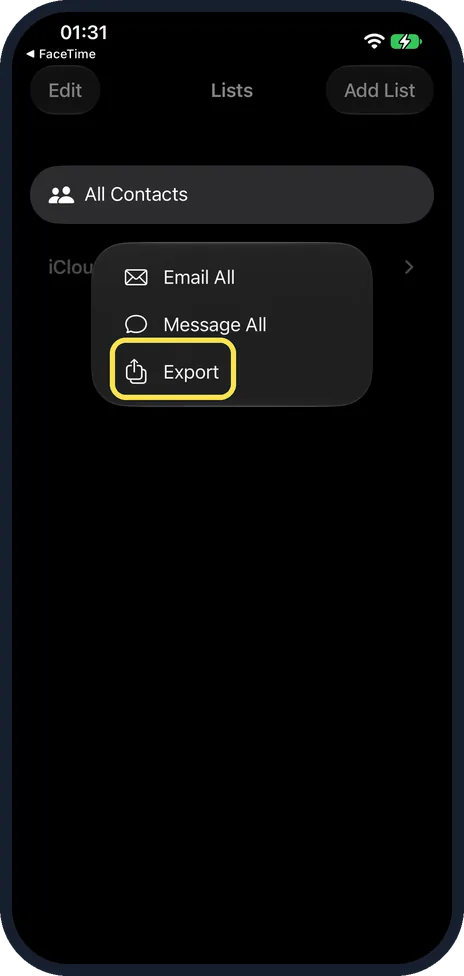 iPhone screen: Tap Export