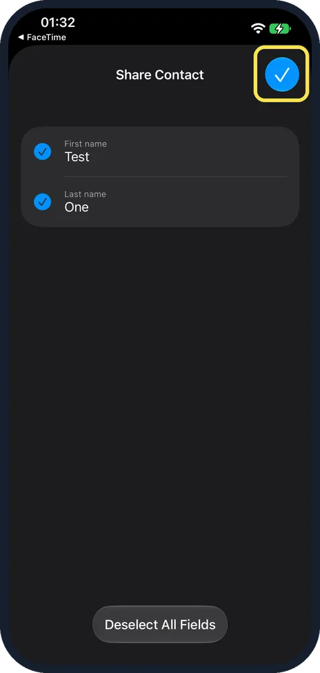 iPhone screen: Pick the fields and tap the tick