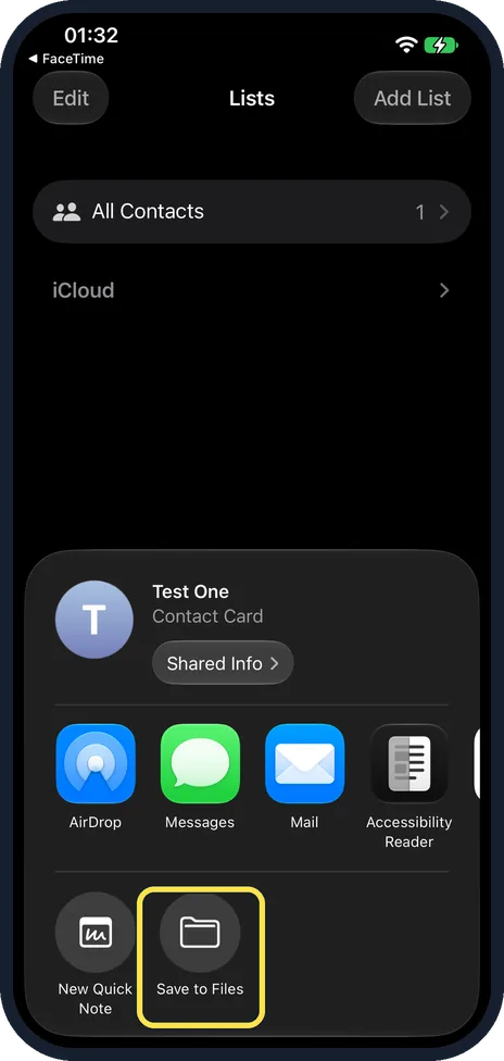 iPhone screen: Send it or tap Save to Files