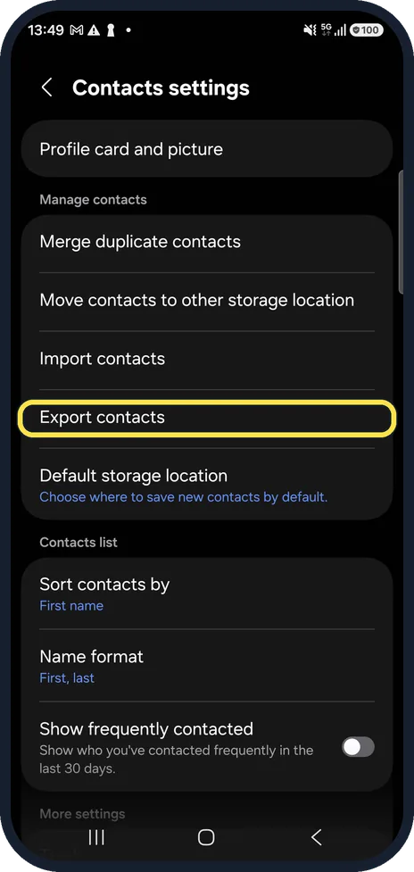 Screenshot from the guide: How to export contacts on a Samsung Galaxy (to a file or the SIM)