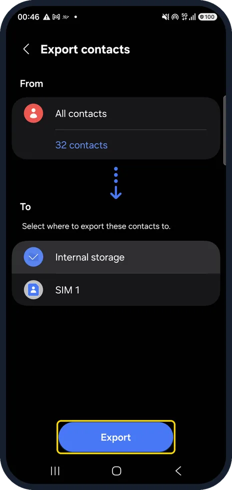 Android screenshot: Tap Export