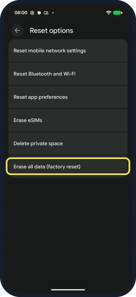 Android screenshot: Open Reset options