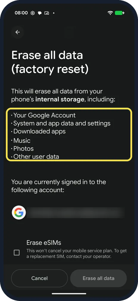 Android screenshot: Read what is erased