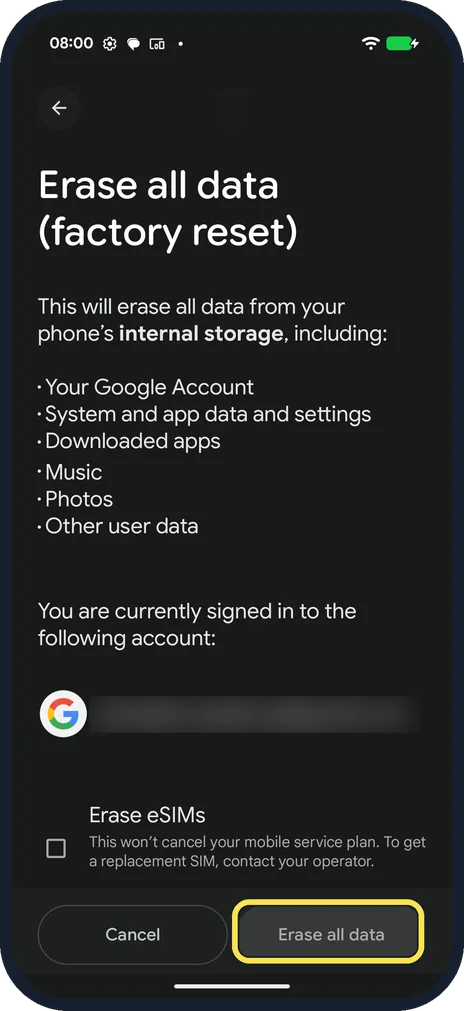 Android screenshot: Tap Erase all data