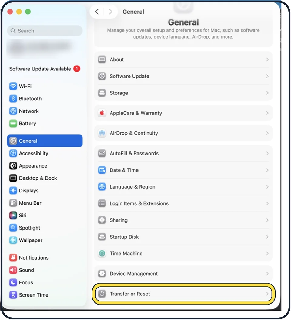 Mac screenshot: Click Transfer or Reset