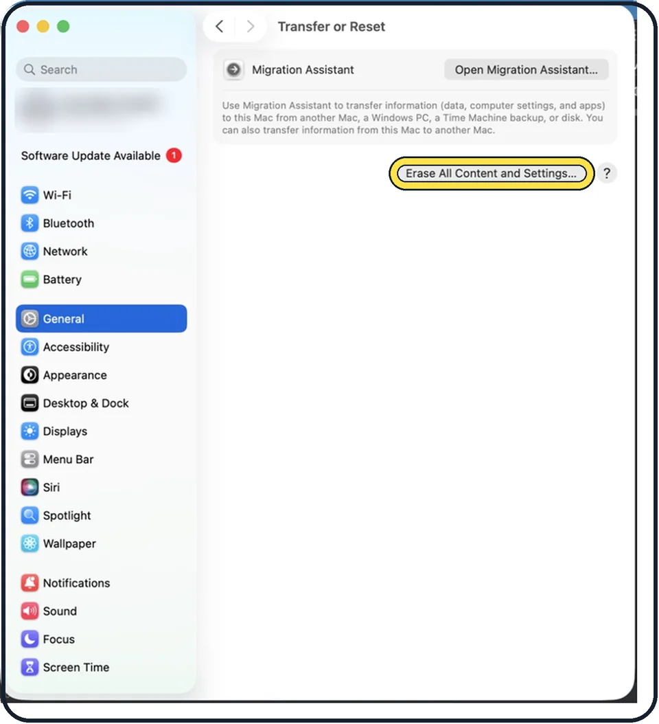 Mac screenshot: Click Erase All Content and Settings