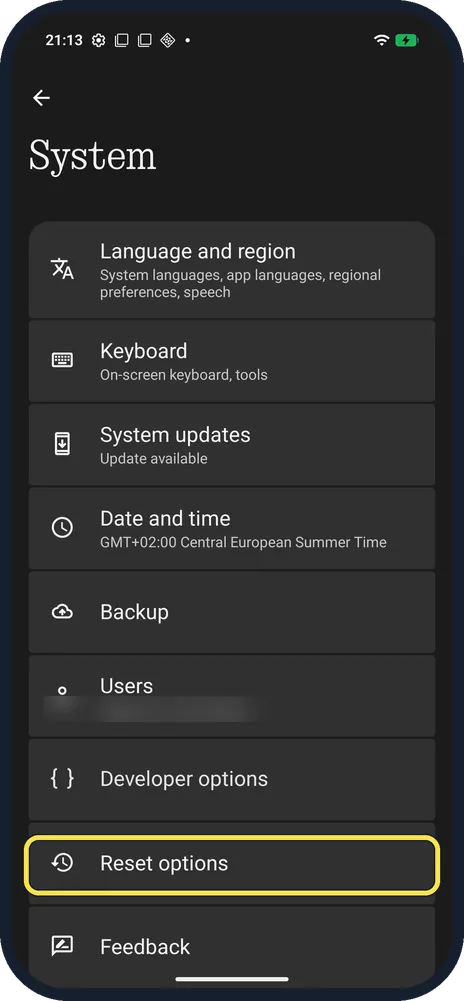 Android screenshot: Open System, Reset options