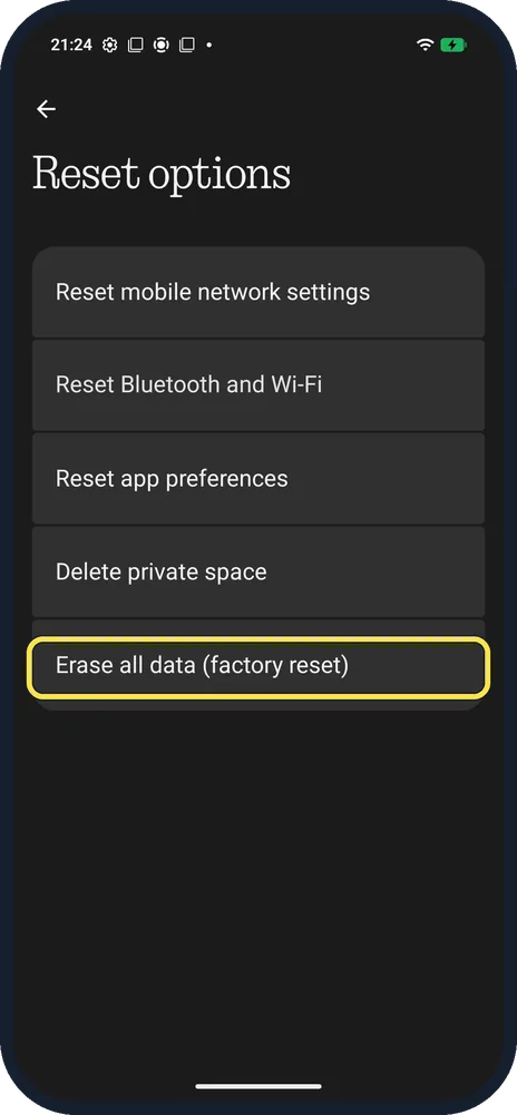 Android screenshot: Tap Erase all data (factory reset)