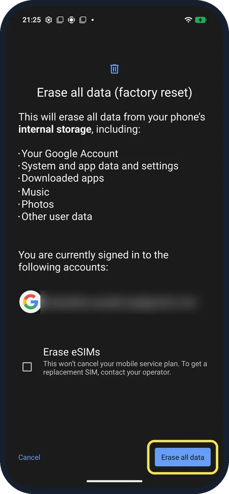 Android screenshot: Read the list, then tap Erase all data