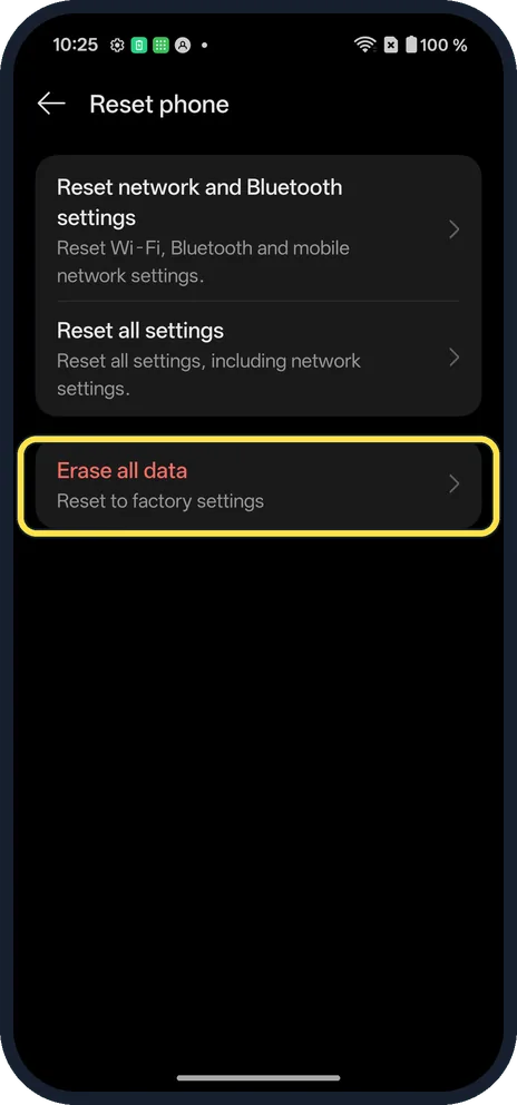 Android screenshot: Tap Erase all data