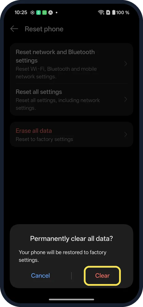Android screenshot: Tap Clear