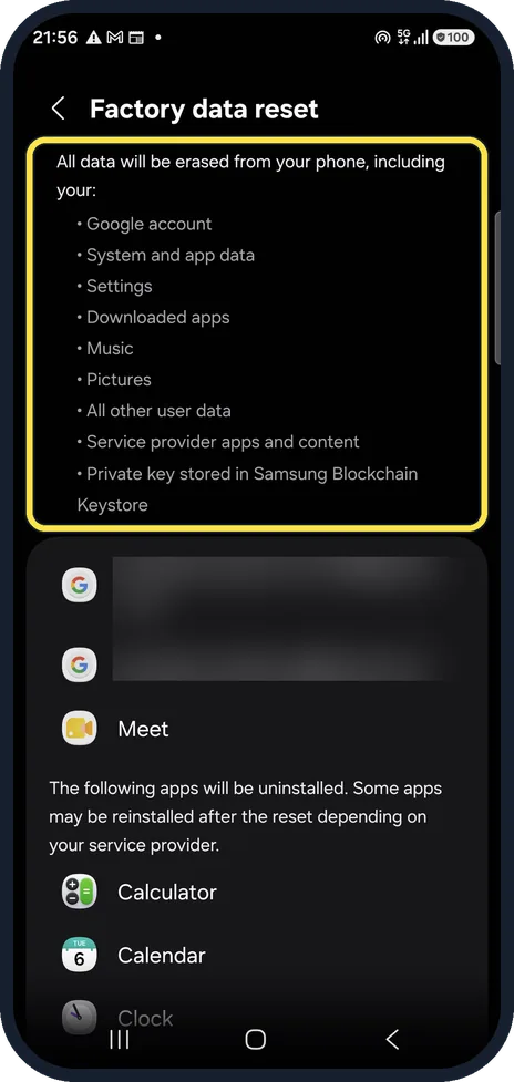 Android screenshot: Open Factory data reset