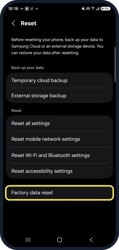 Android screenshot: Open Factory data reset