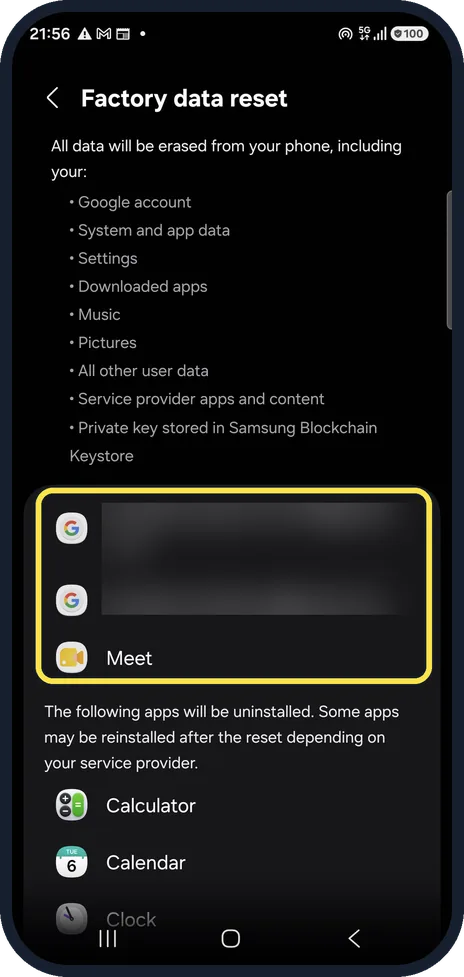 Android screenshot: Check the accounts
