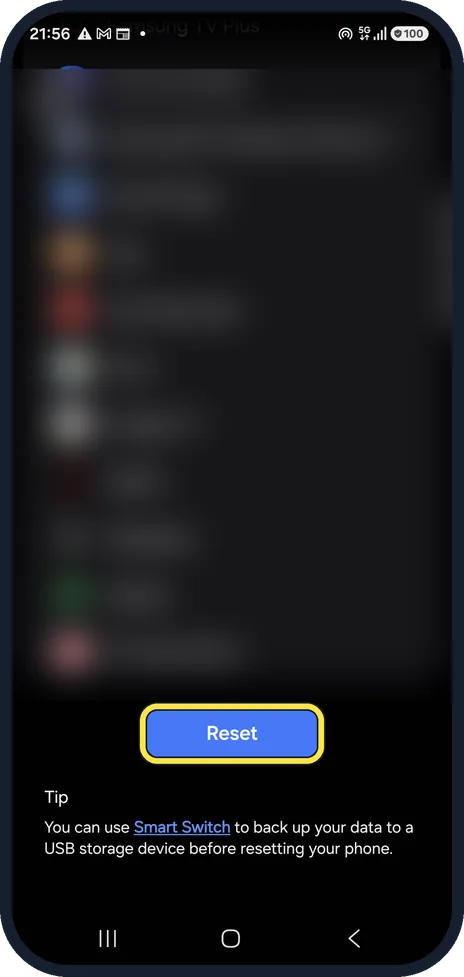 Android screenshot: Tap Reset