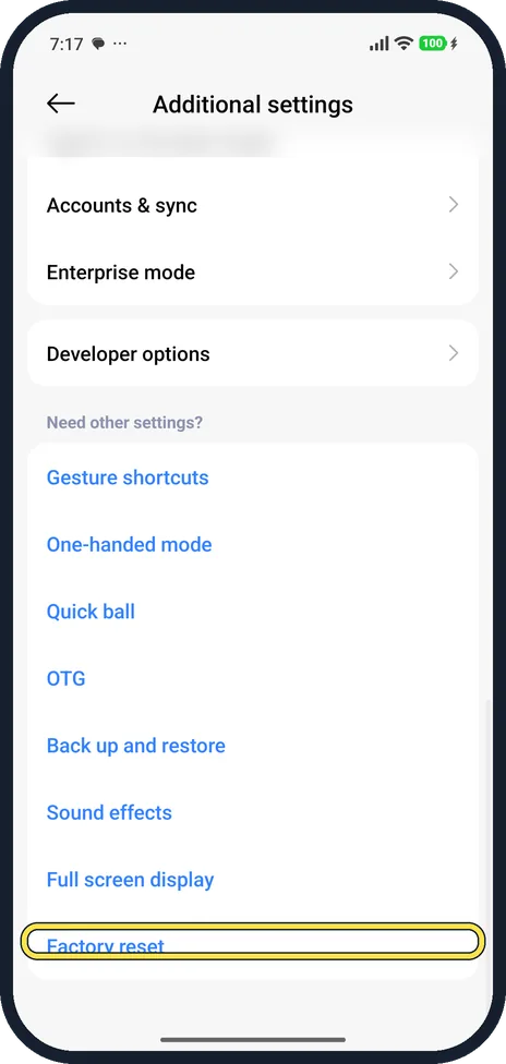 Android screenshot: Open Factory reset