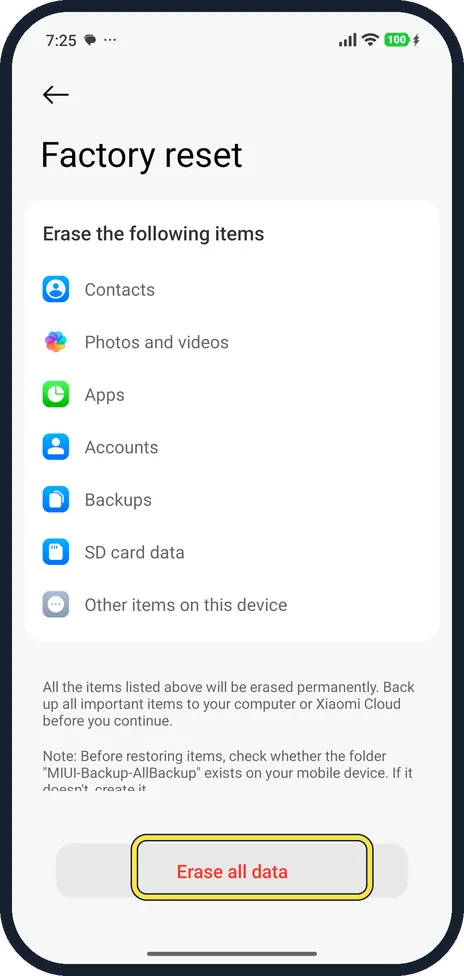 Android screenshot: Tap Erase all data