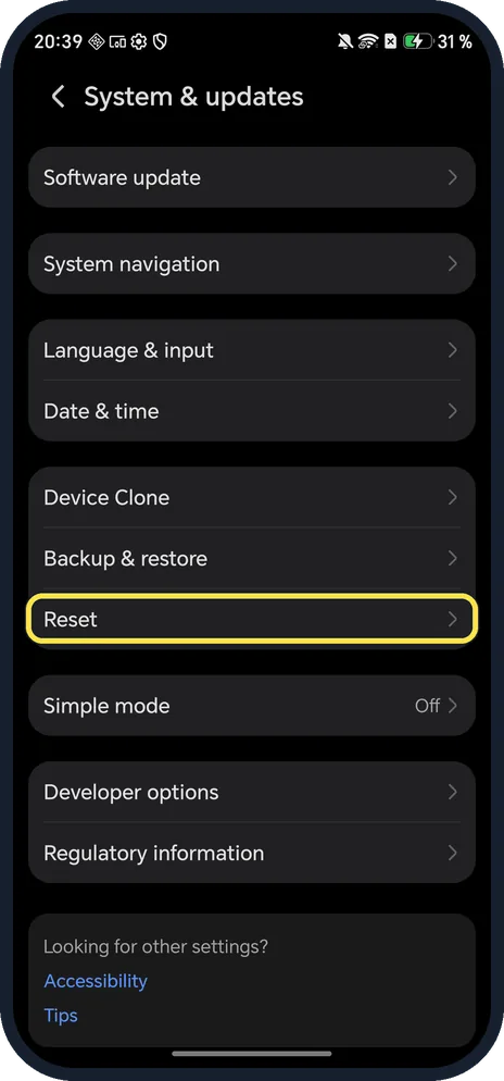 Android screenshot: Open System & updates, Reset