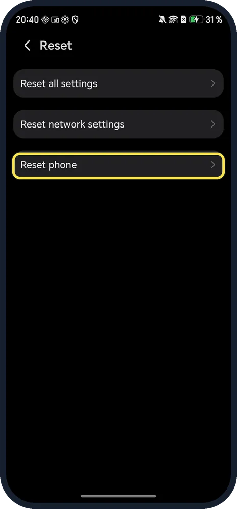 Android screenshot: Tap Reset phone