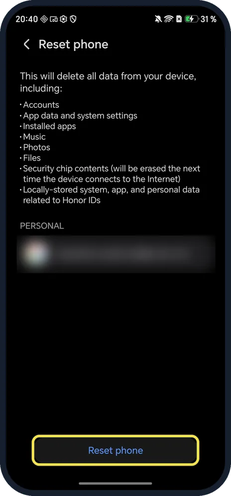 Android screenshot: Read the list, then tap Reset phone