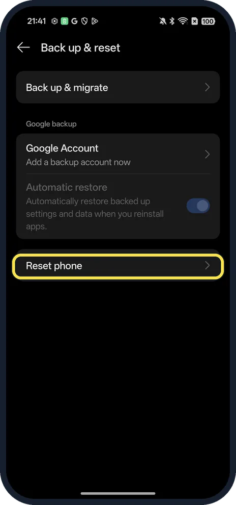 Android screenshot: Back up, then tap Reset phone