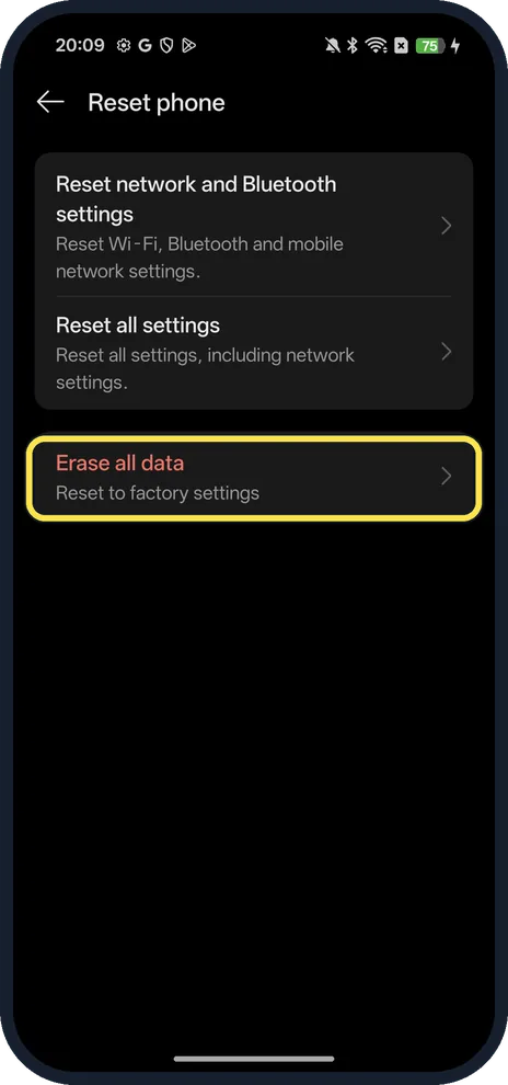 Android screenshot: Tap Erase all data