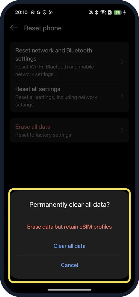 Android screenshot: Choose how to erase