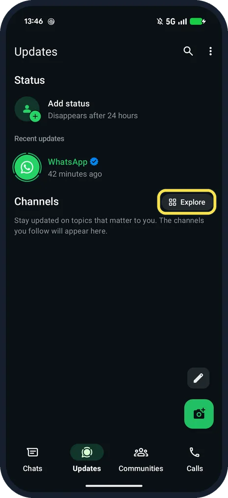 Screenshot from the guide: How to find and follow WhatsApp Channels (Pixel 10a, v2.26)