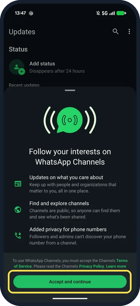Android screenshot: Tap Accept and continue
