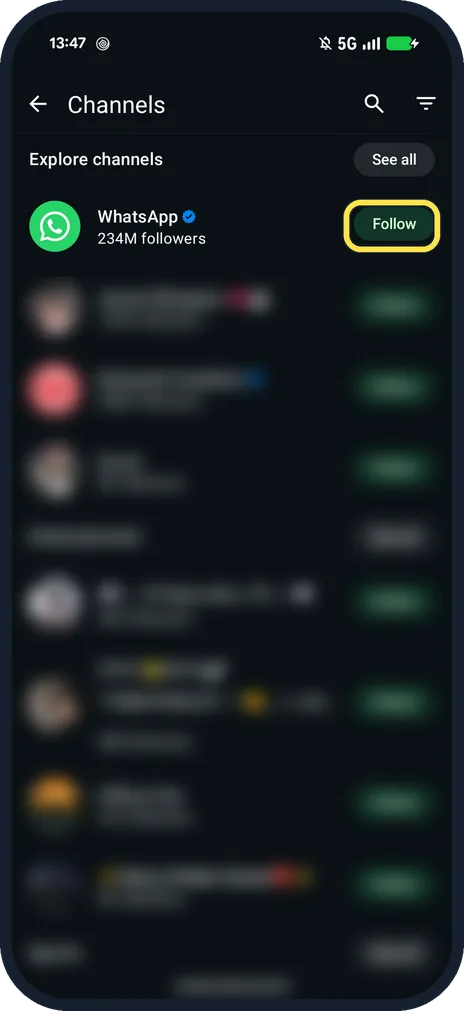Android screenshot: Tap Follow next to a channel