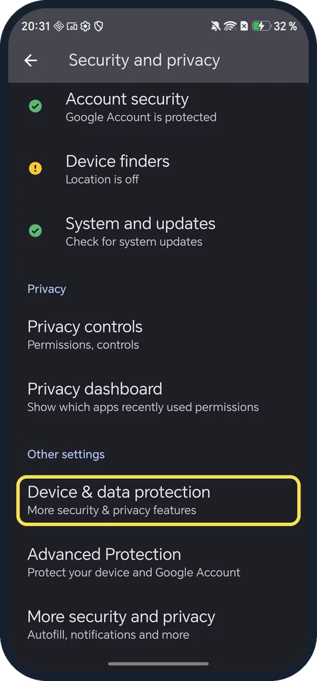 Android screenshot: Tap Device & data protection