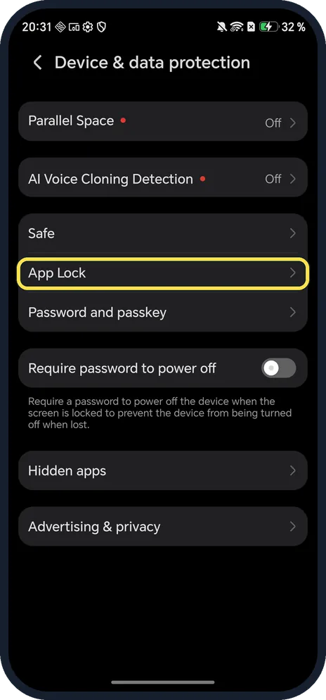 Android screenshot: Tap App Lock