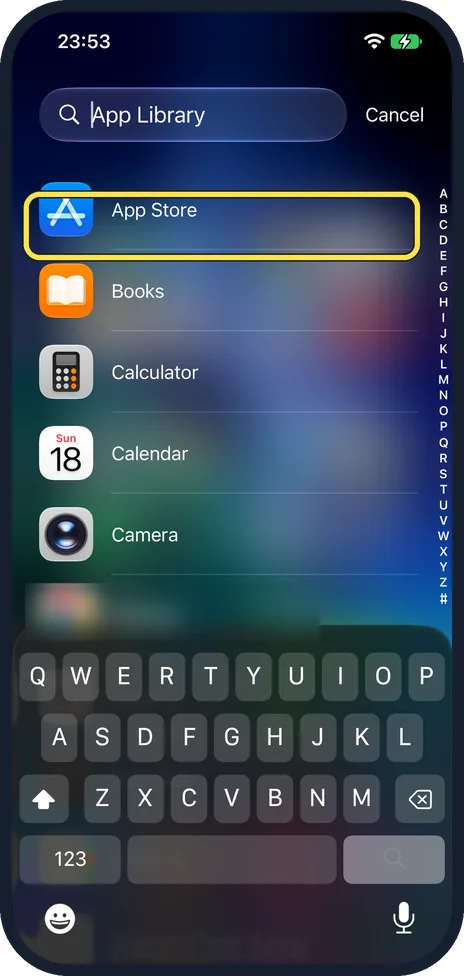 iPhone screen: Tap the search box, then the app